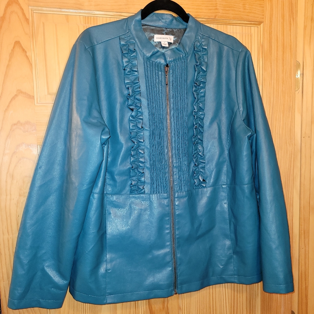 Susan Graver Faux Leather Jacket Coat Blazer Teal Blue Zippered Ruffled Front L